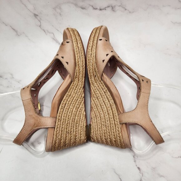 Taryn Rose Tan Leather Espadrille Wedges Sandals Laser Cut W/ Dust Bag 7.5 - Picture 5 of 9
